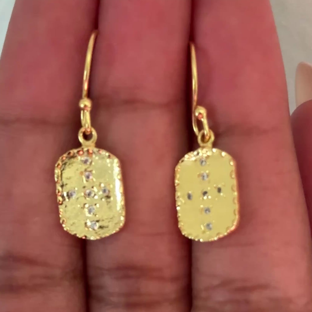 Gold Plated Sterling Silver Rectangle Shaped Drop Earrings with Cubic Zirconia - ERD068-CZ-G - Milina London