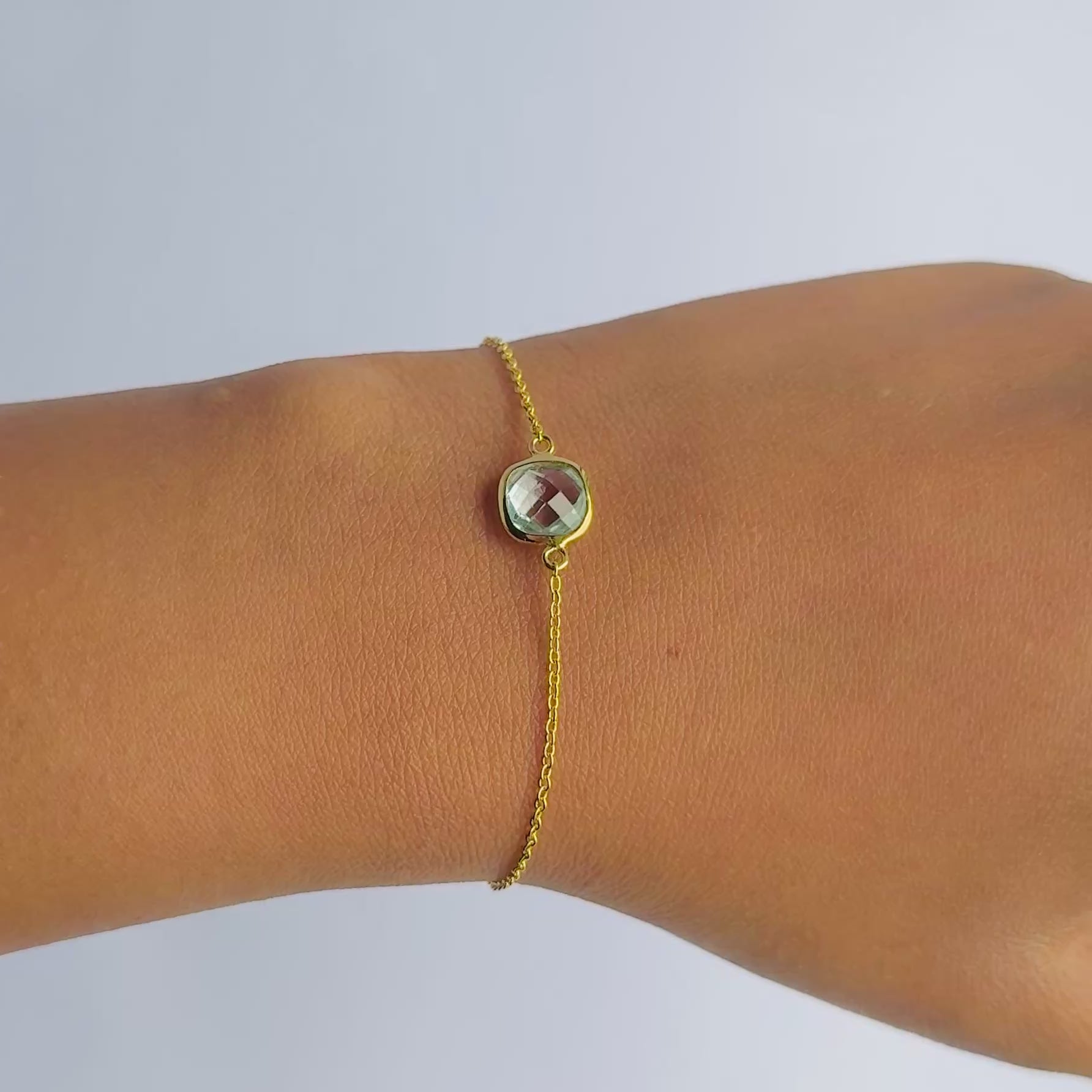 Minimal Adjustable Bracelet in 3 micron 18k Gold Plated Sterling Silver with a Squared Shaped Blue Topaz Gemstone