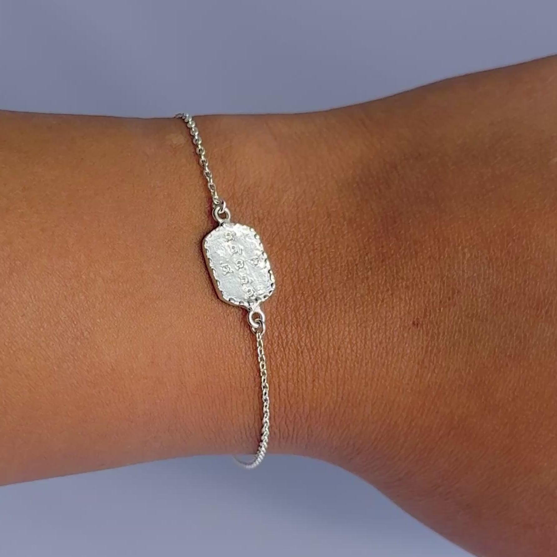 Textured Sterling Silver Rectangular Disc Bracelet with Cubic Zirconia