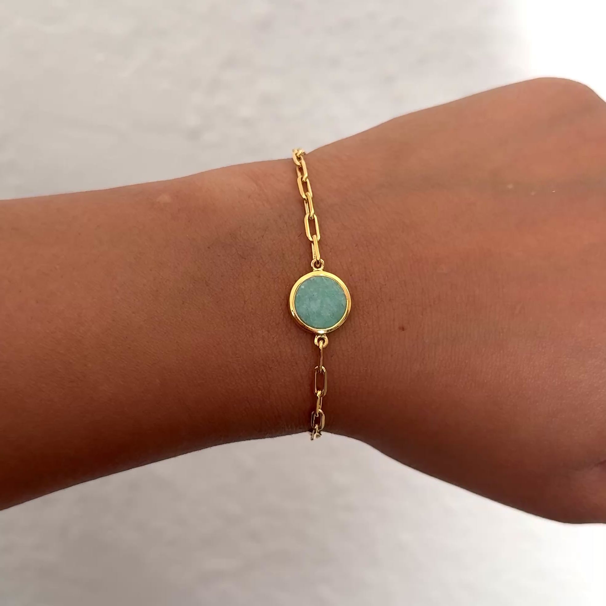 Vermeil Gold Paperclip Link Chain Adjustable Bracelet with Round Amazonite Gemstone