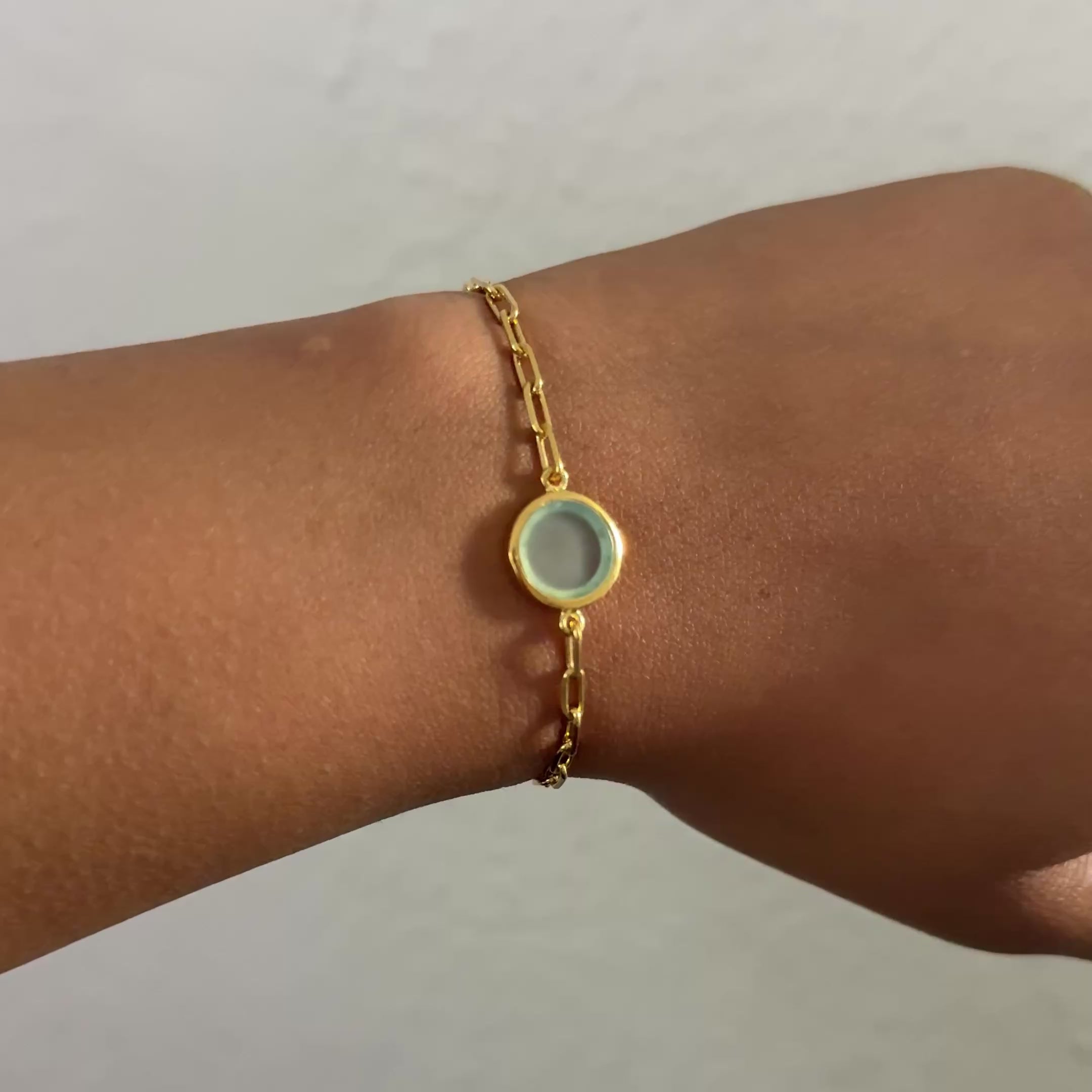 Vermeil Gold Paperclip Link Chain Adjustable Bracelet with Round Aqua Chalcedony Gemstone