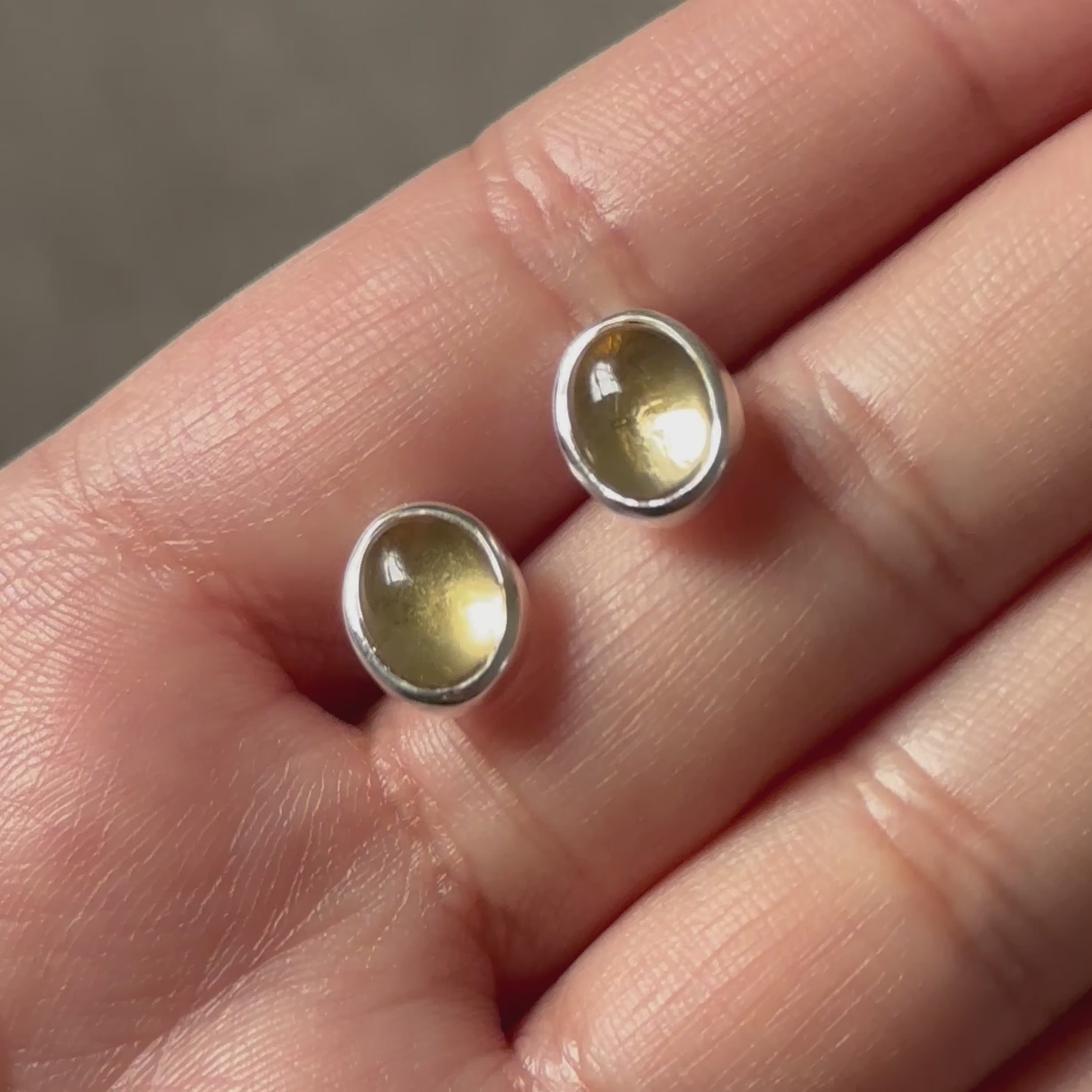 Sterling Silver Oval Stud Earrings with Cabochon Cut Citrine Gemstone