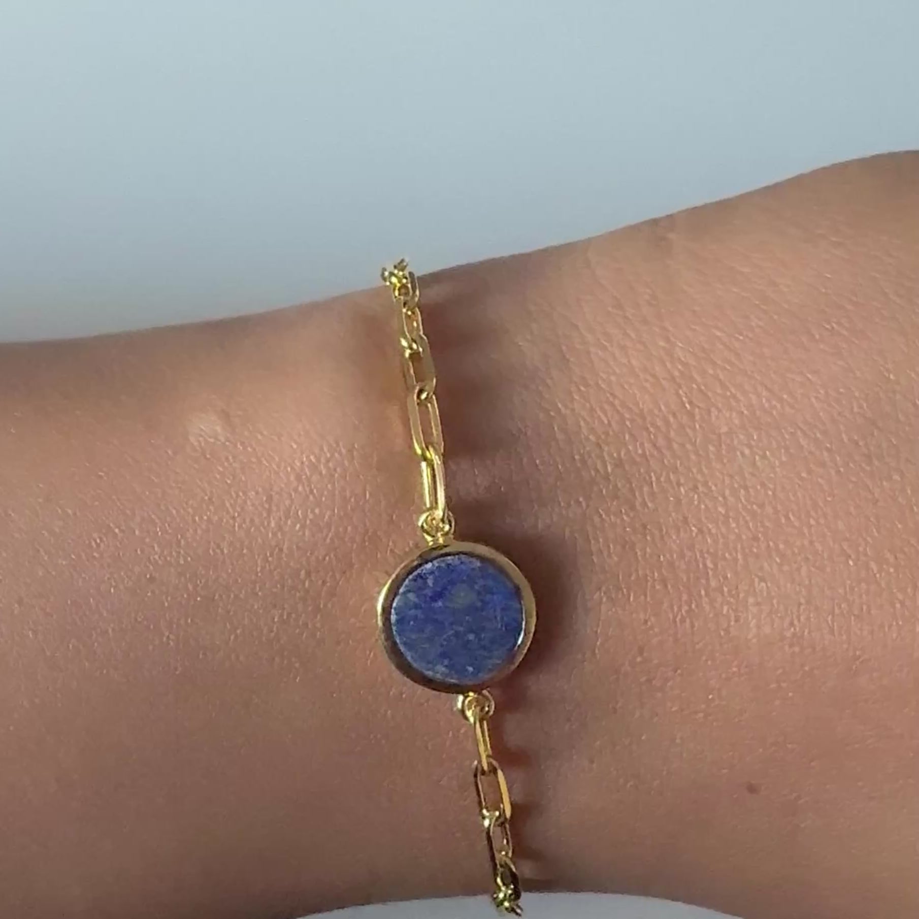 Vermeil Gold Paperclip Link Chain Adjustable Bracelet with Round Lapis Lazuli Gemstone