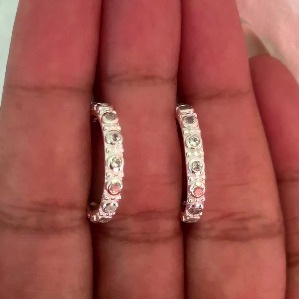 Sterling Silver Blue Topaz Studded Medium Hoops - ERD066-BT - Milina London