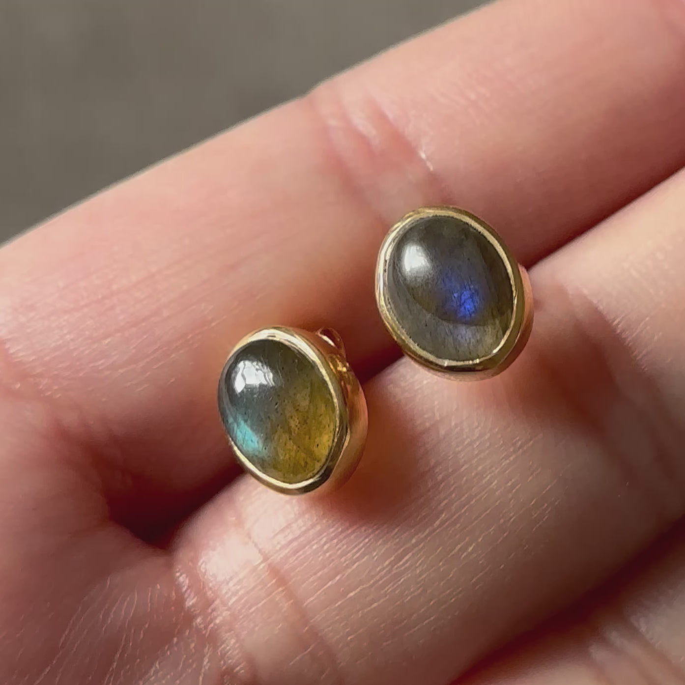 Gold Plated Sterling Silver Oval Stud Earrings with Cabochon Cut Labradorite Gemstone