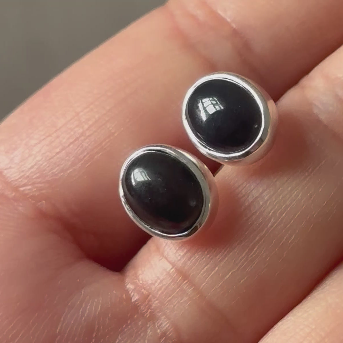Sterling Silver Oval Stud Earrings with Cabochon Cut Black Onyx Gemstone