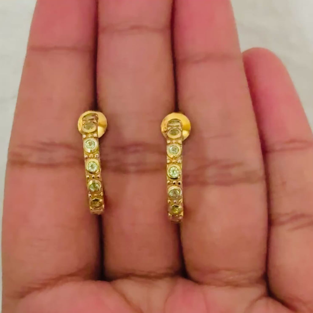 Gold Plated Sterling Silver Peridot Studded Medium Hoops - ERD066-PD-G - Milina London
