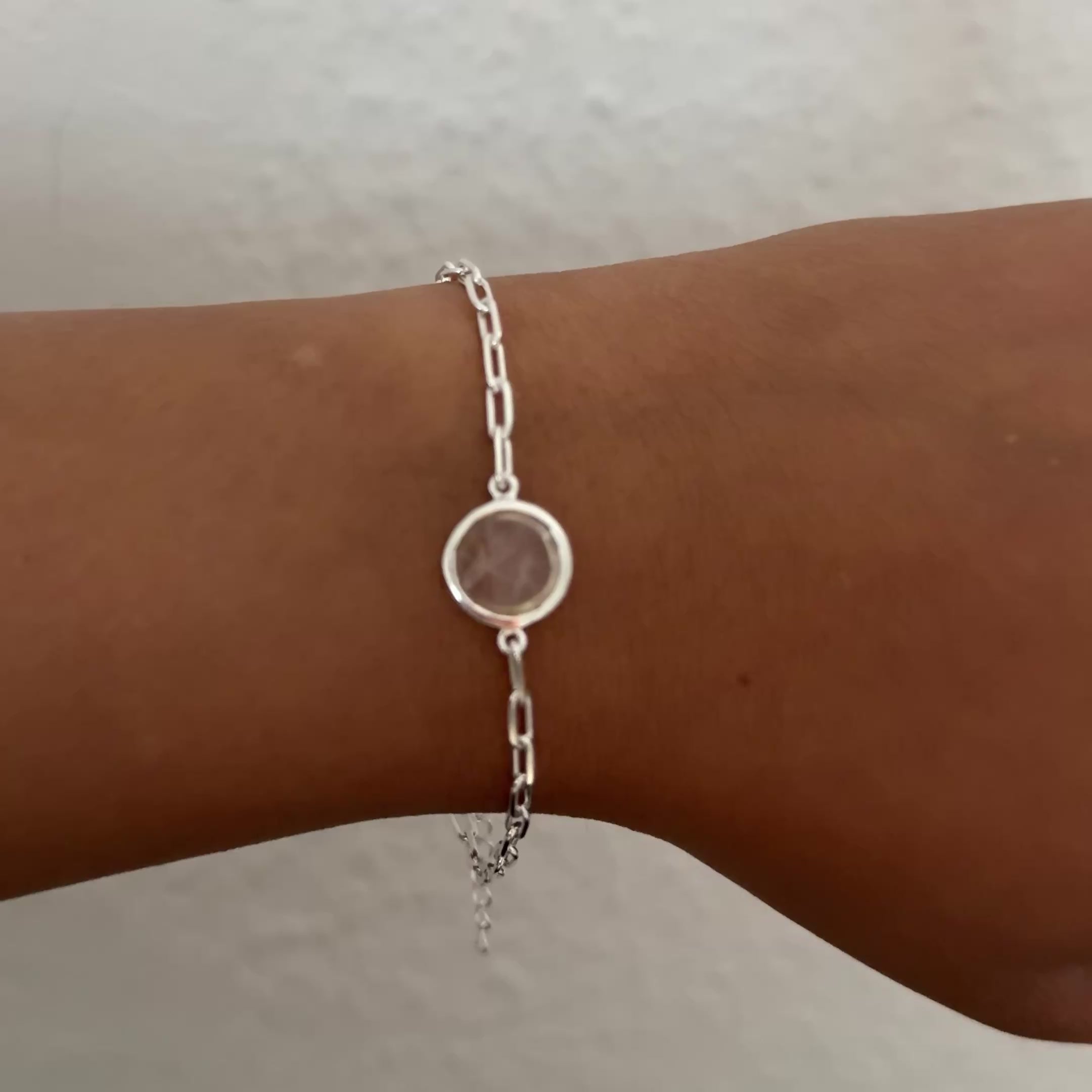 Sterling Silver Paperclip Link Chain Adjustable Bracelet with Round Rose Quartz Gemstone