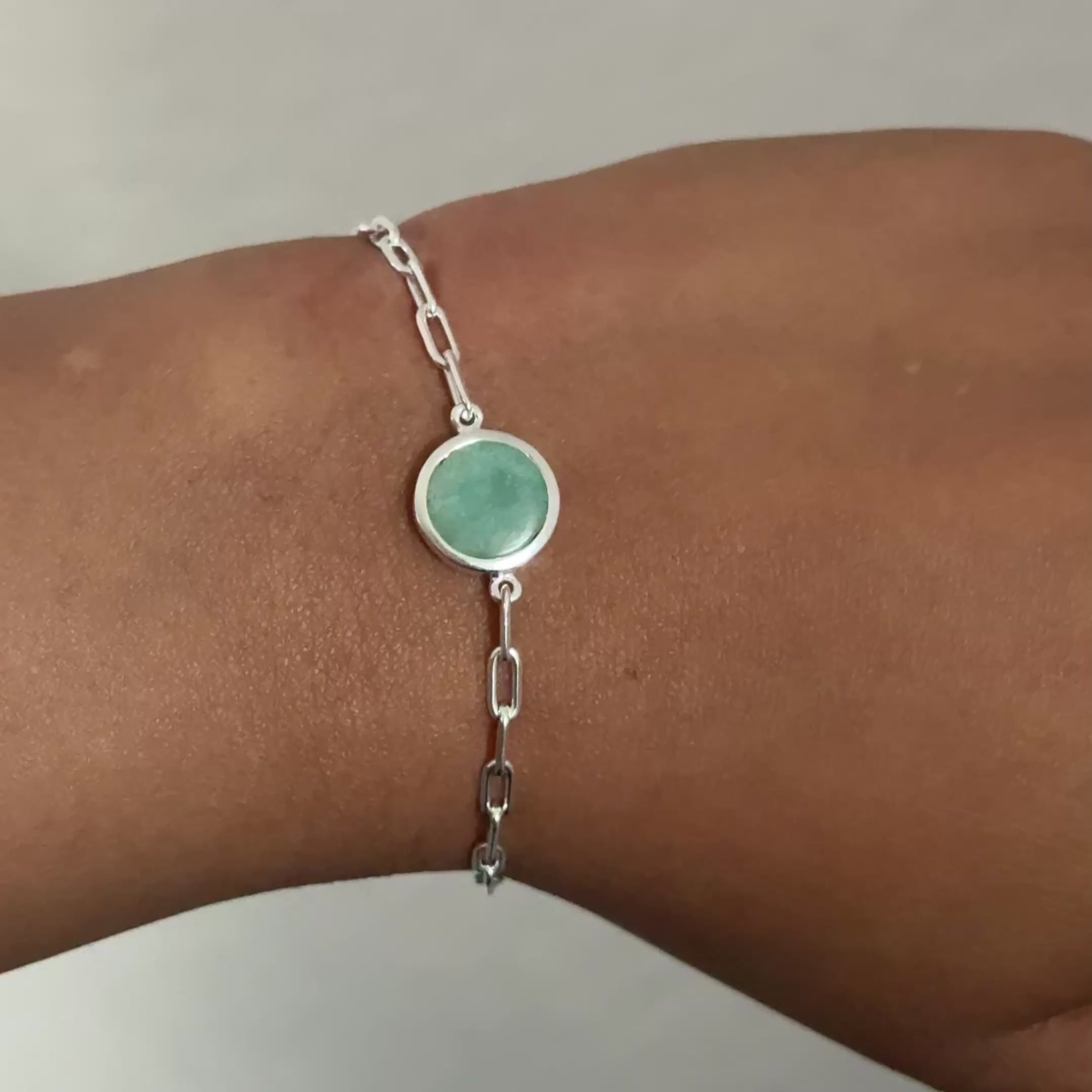 Sterling Silver Paperclip Link Chain Adjustable Bracelet with Round Amazonite Gemstone