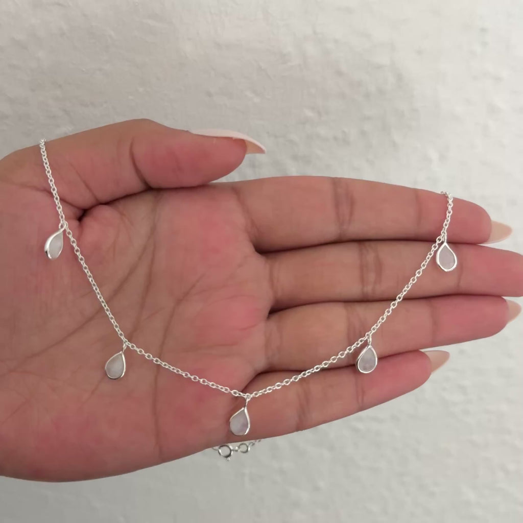 Five Teardrop Shaped Moonstone Gemstone Necklace in Sterling Silver Milina London 