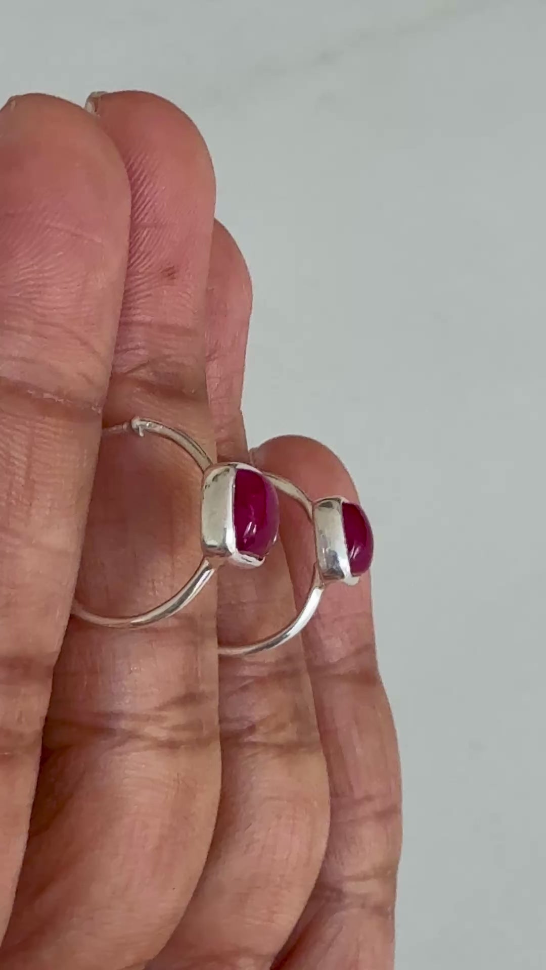 Minimal Sterling Silver Small Hoops with a Square Cabochon Gemstone - Ruby Quartz