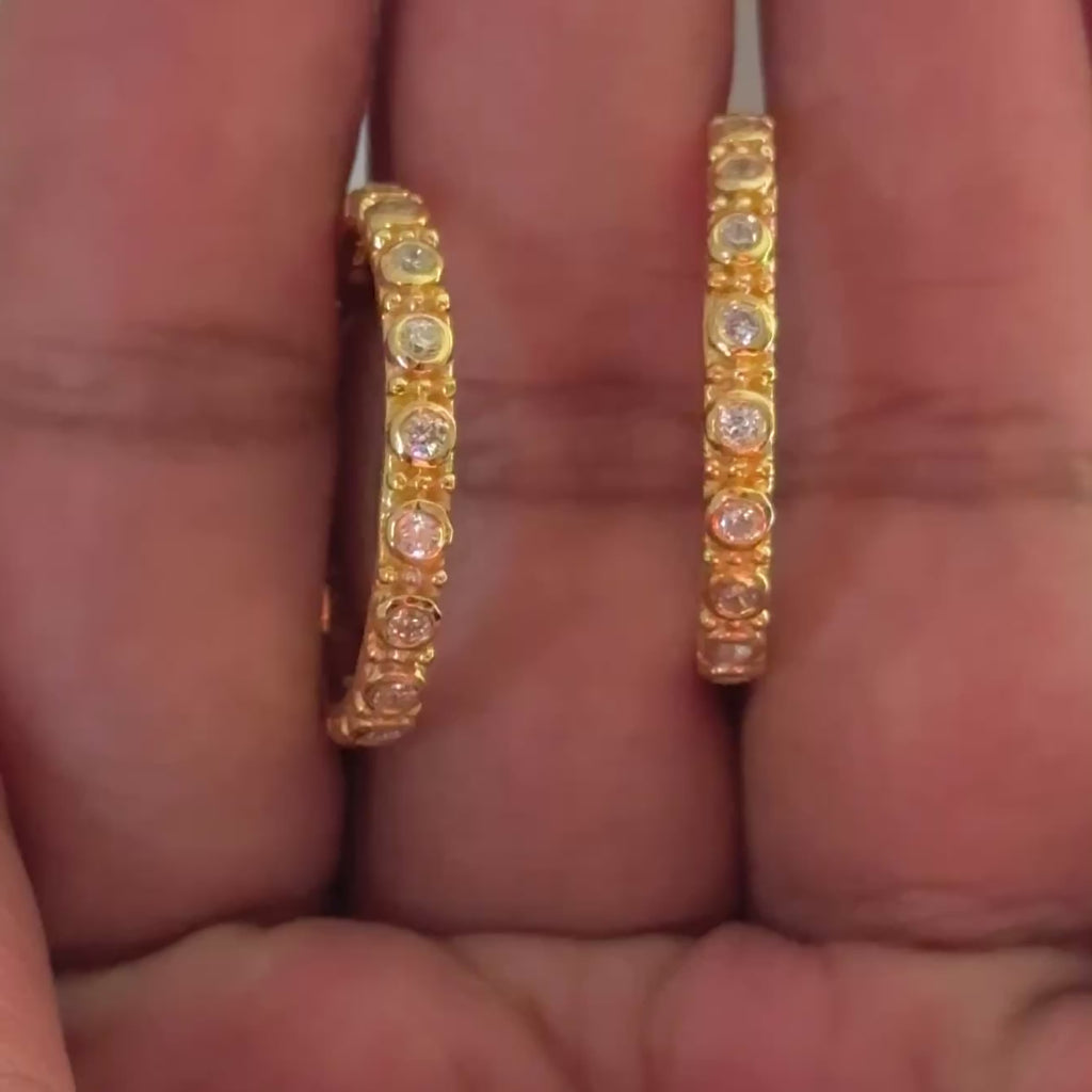 Gold Plated Sterling Silver Cubic Zirconia Studded Large Hoops - ERD067-CZ-G - Milina London