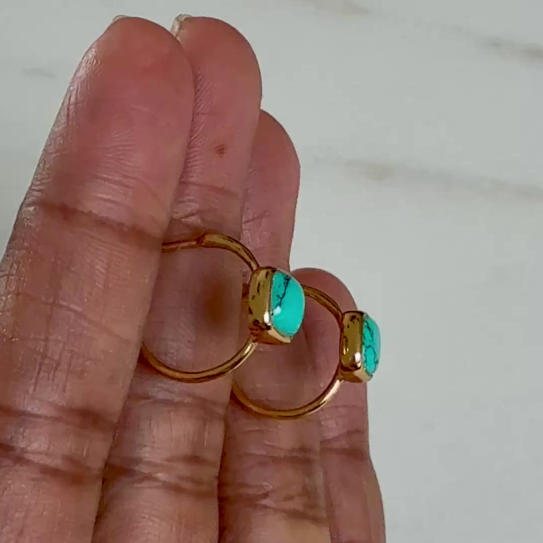 Minimal Gold Plated Sterling Silver Small Hoops with a Square Cabochon Gemstone - Turquoise