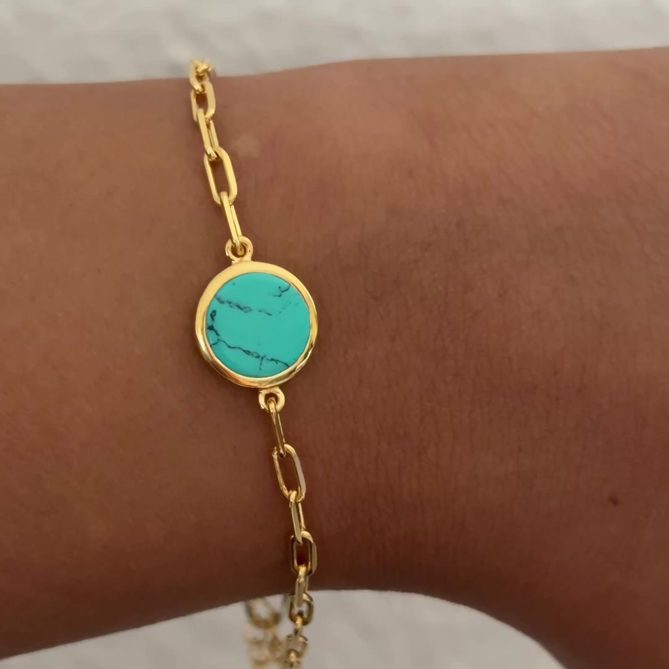 Vermeil Gold Paperclip Link Chain Adjustable Bracelet with Round Turquoise Gemstone