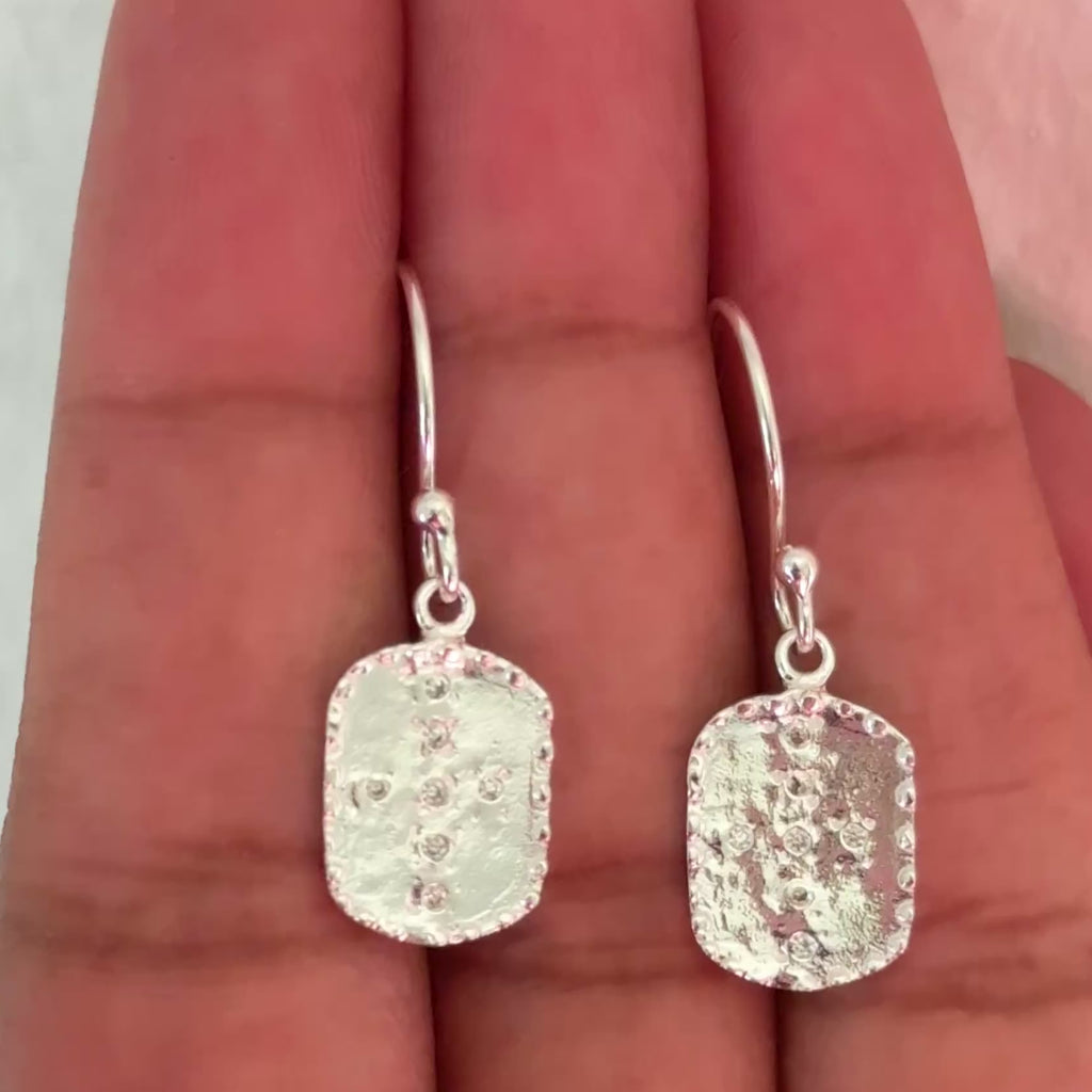 Sterling Silver Rectangle Shaped Drop Earrings with Cubic Zirconia - ERD068-CZ - Milina London