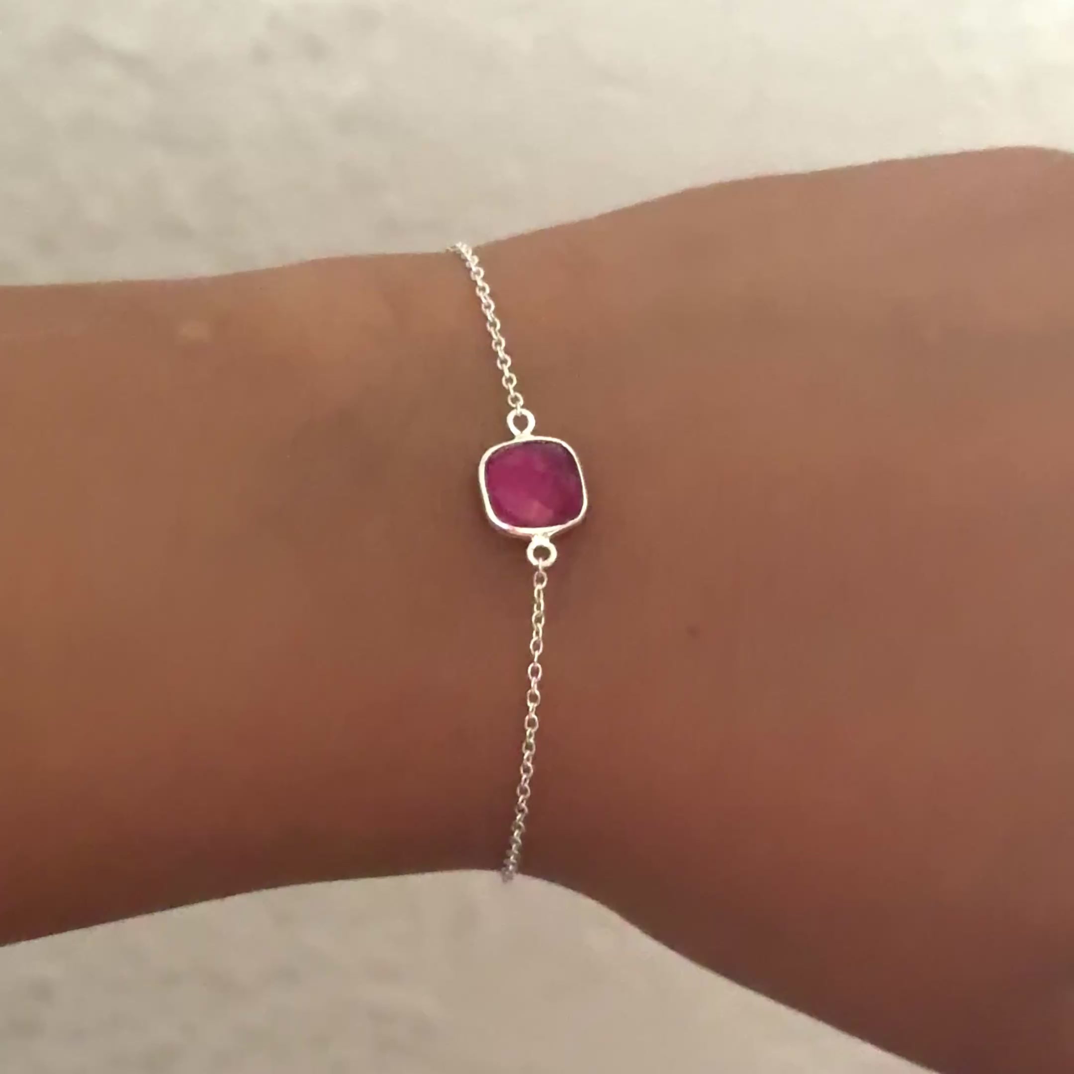Minimal Adjustable Bracelet in Sterling Silver with a Square-Shaped Ruby Quartz Gemstone