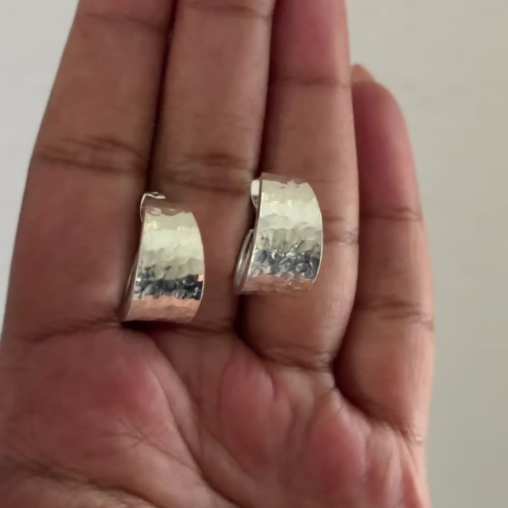 Wide Chunky Hammered Sterling Silver Hoops with Tapered Ends Milina London 