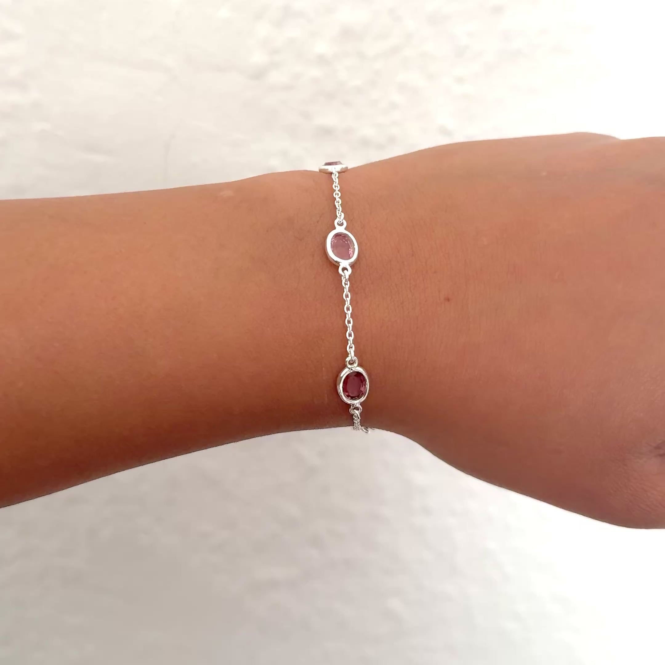 Four Oval Shaped Pink Tourmaline Gemstone Adjustable Bracelet in Sterling Silver