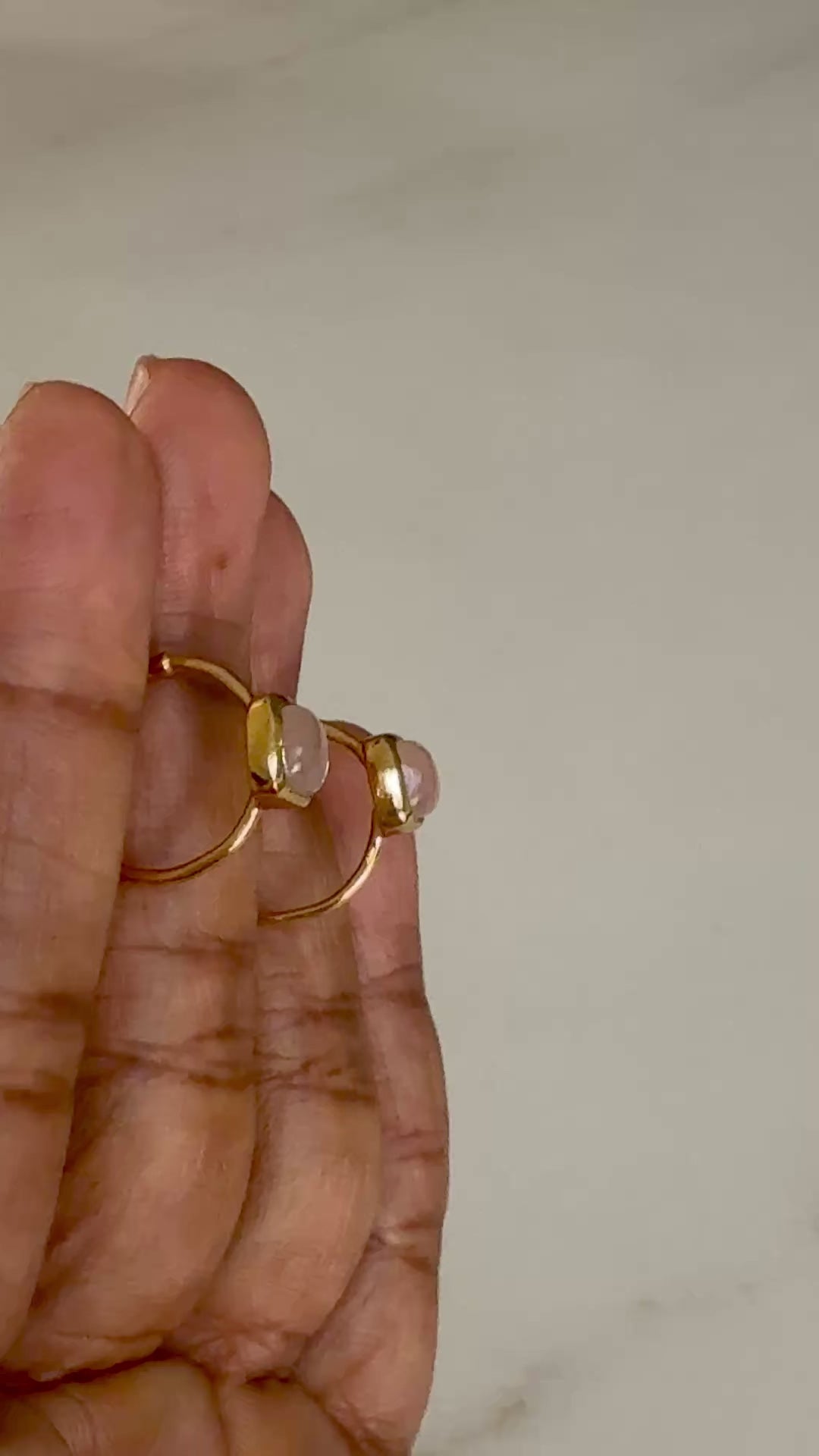 Minimal Gold Plated Sterling Silver Small Hoops with a Square Cabochon Gemstone - Rose Quartz