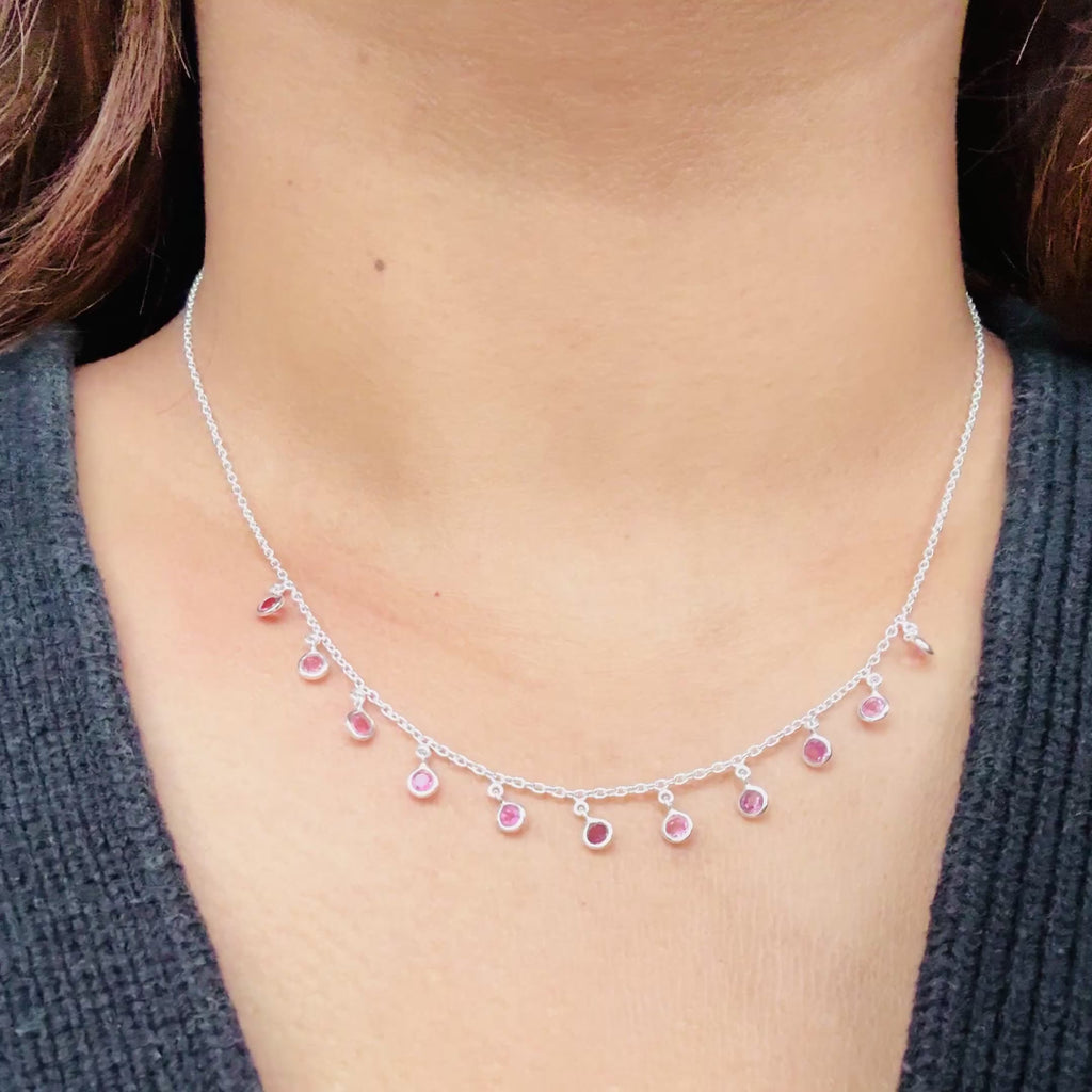 Sterling Silver Small Round Pink Tourmaline Gemstone Drops Necklace Milina London 