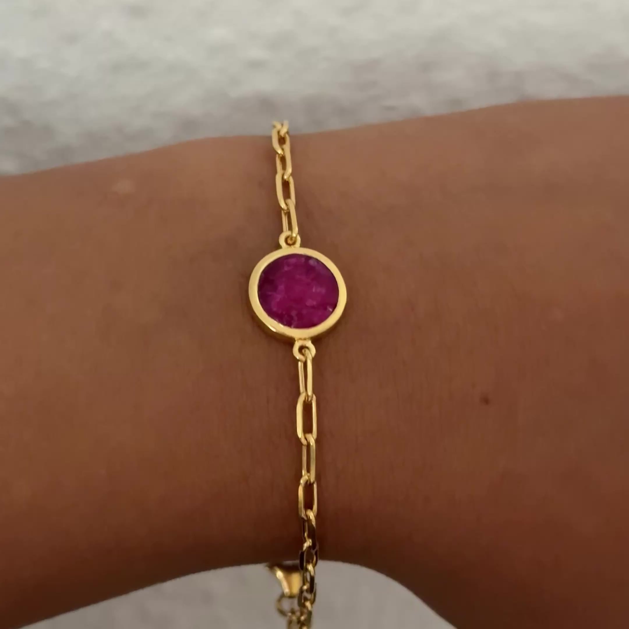 Vermeil Gold Paperclip Link Chain Adjustable Bracelet with Round Ruby Quartz Gemstone