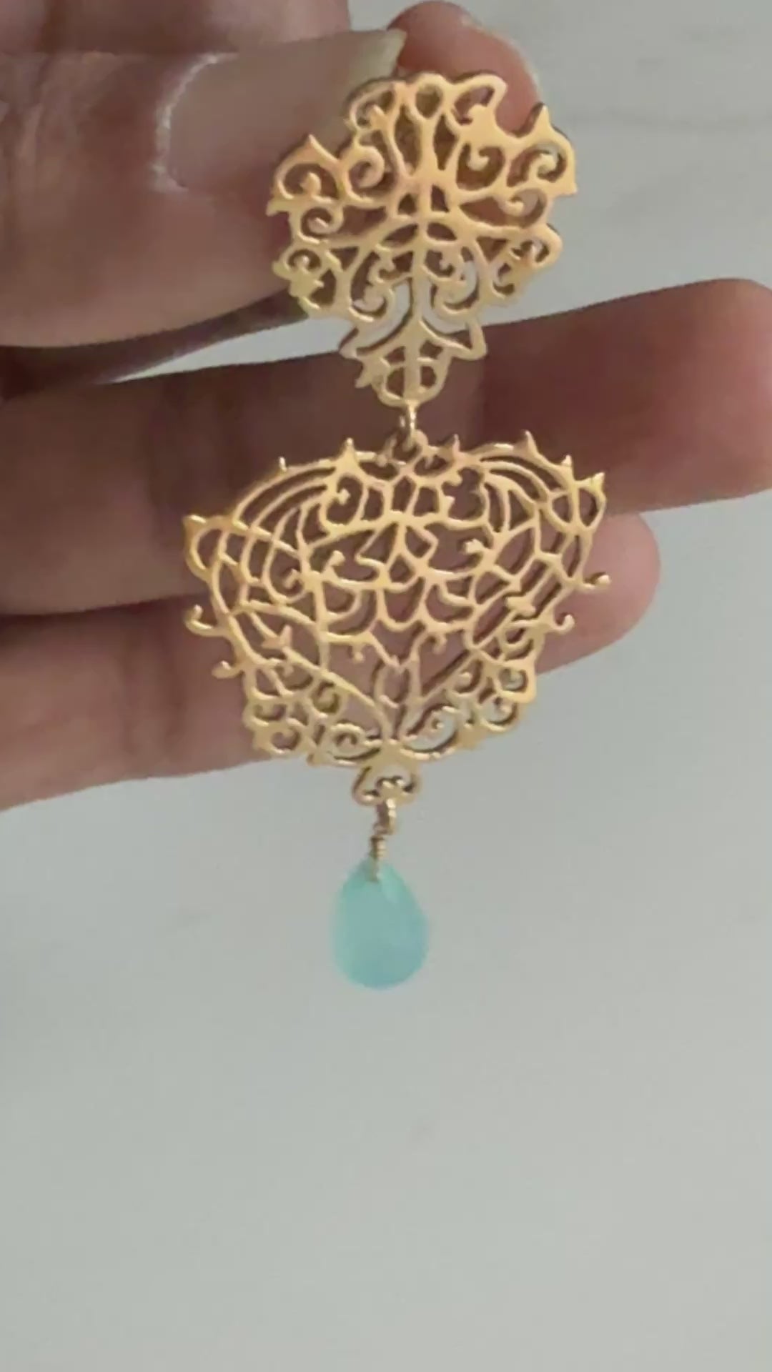 Gold Plated Sterling Silver Intricate Filigree Long Earrings with Stone Drop - Aqua Chalcedony