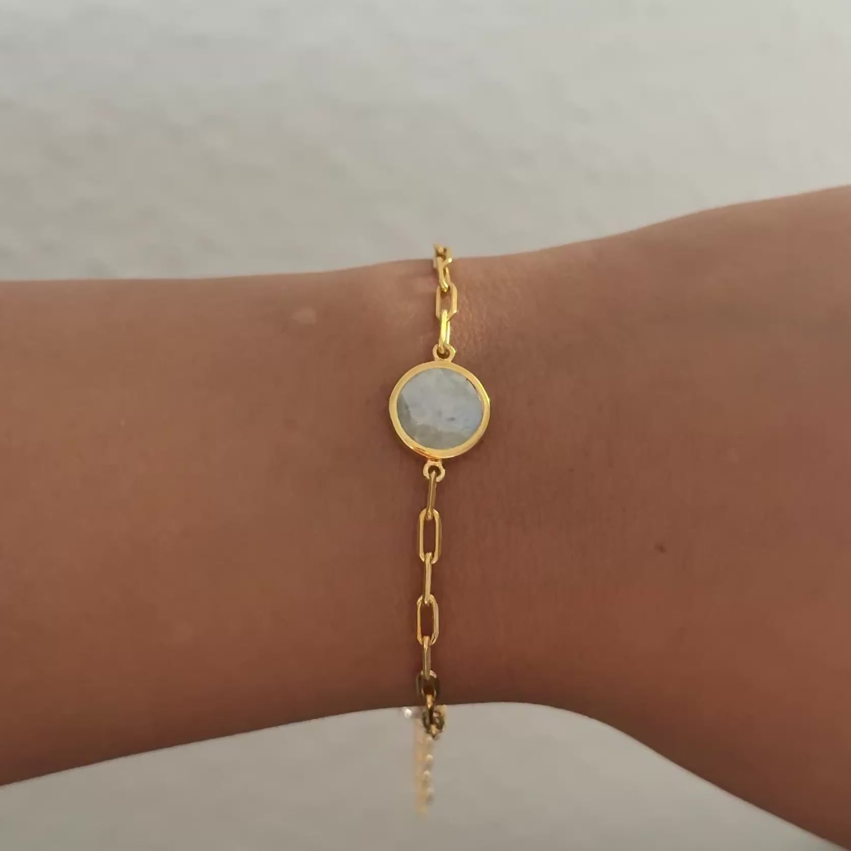 Vermeil Gold Paperclip Link Chain Adjustable Bracelet with Round Moonstone Gemstone