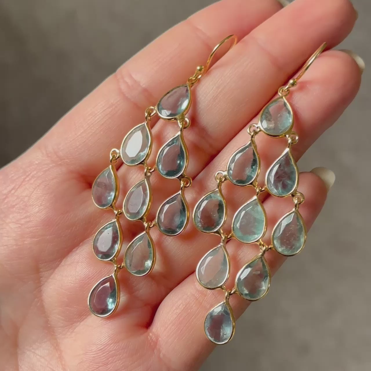 Gold Plated Sterling Silver Chandelier Earrings with Natural Gemstones  - Apatite