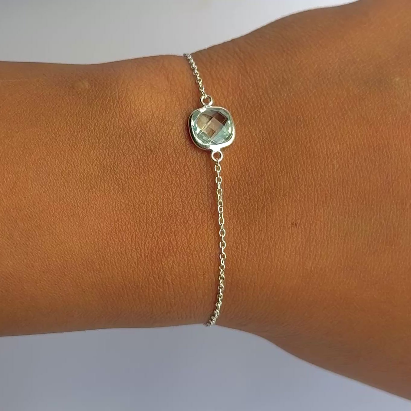 Minimal Adjustable Bracelet in Sterling Silver with a Square-Shaped Blue Topaz Gemstone