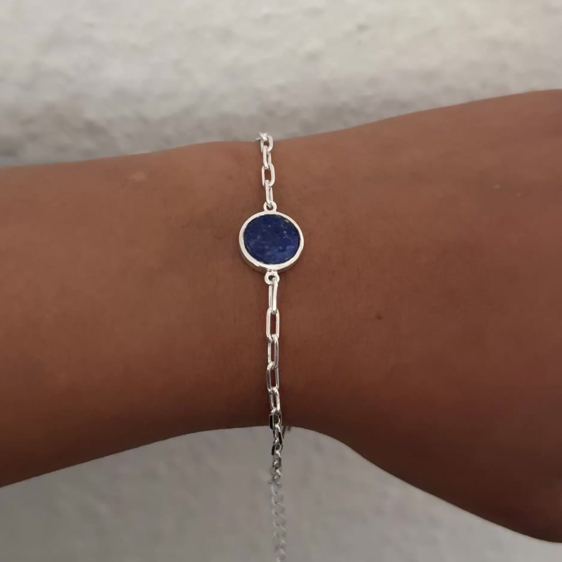 Sterling Silver Paperclip Link Chain Adjustable Bracelet with Round Lapis Lazuli Gemstone
