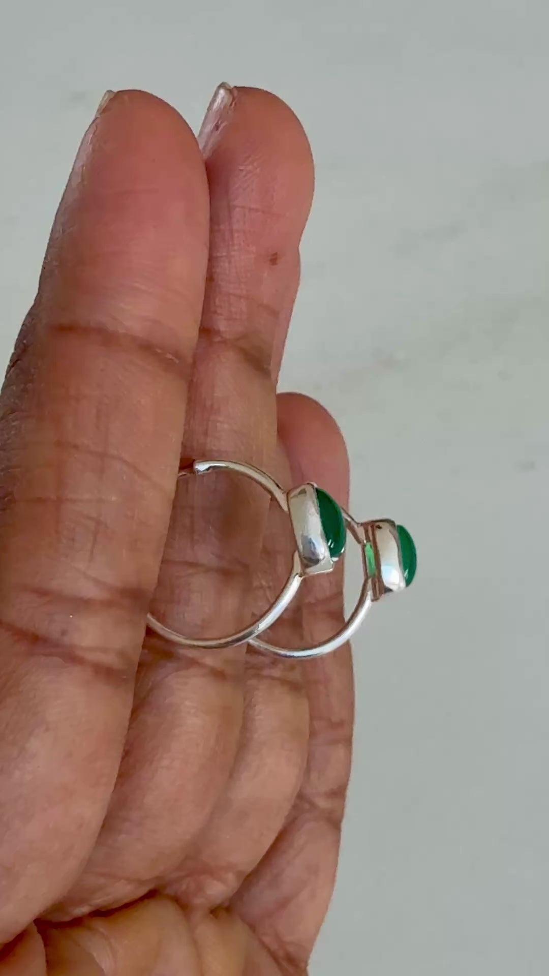 Minimal Sterling Silver Small Hoops with a Square Cabochon Gemstone - Green Onyx