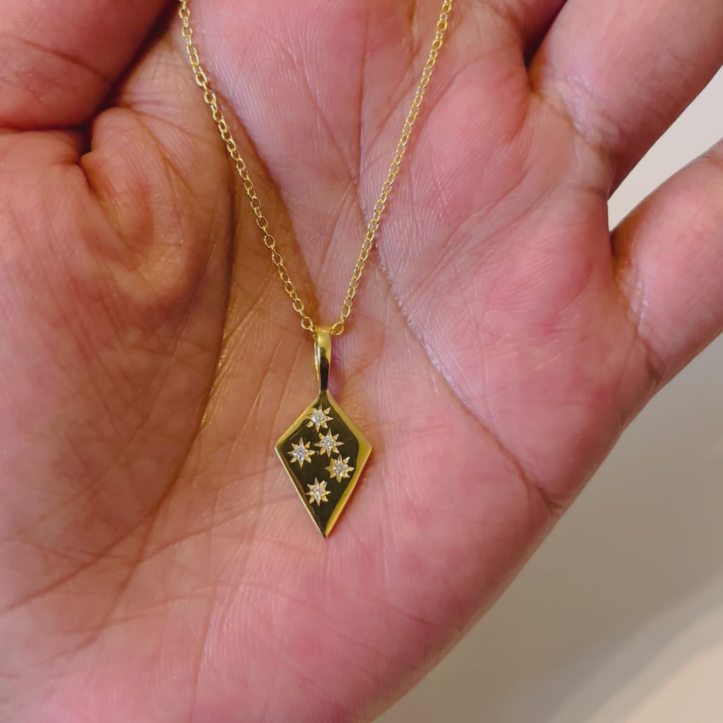 Gold Plated Sterling Silver Diamond Shaped Pendant Necklace with Cubic Zirconia Milina London 