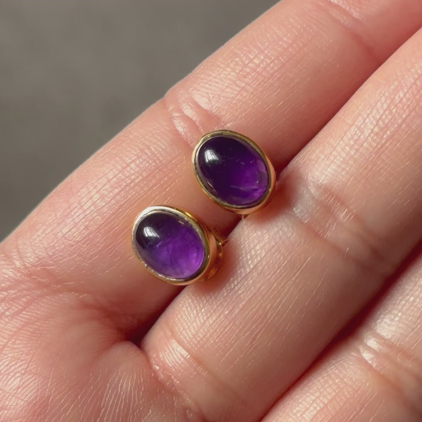 Gold Plated Sterling Silver Oval Stud Earrings with Cabochon Cut Amethyst Gemstone - Milina London
