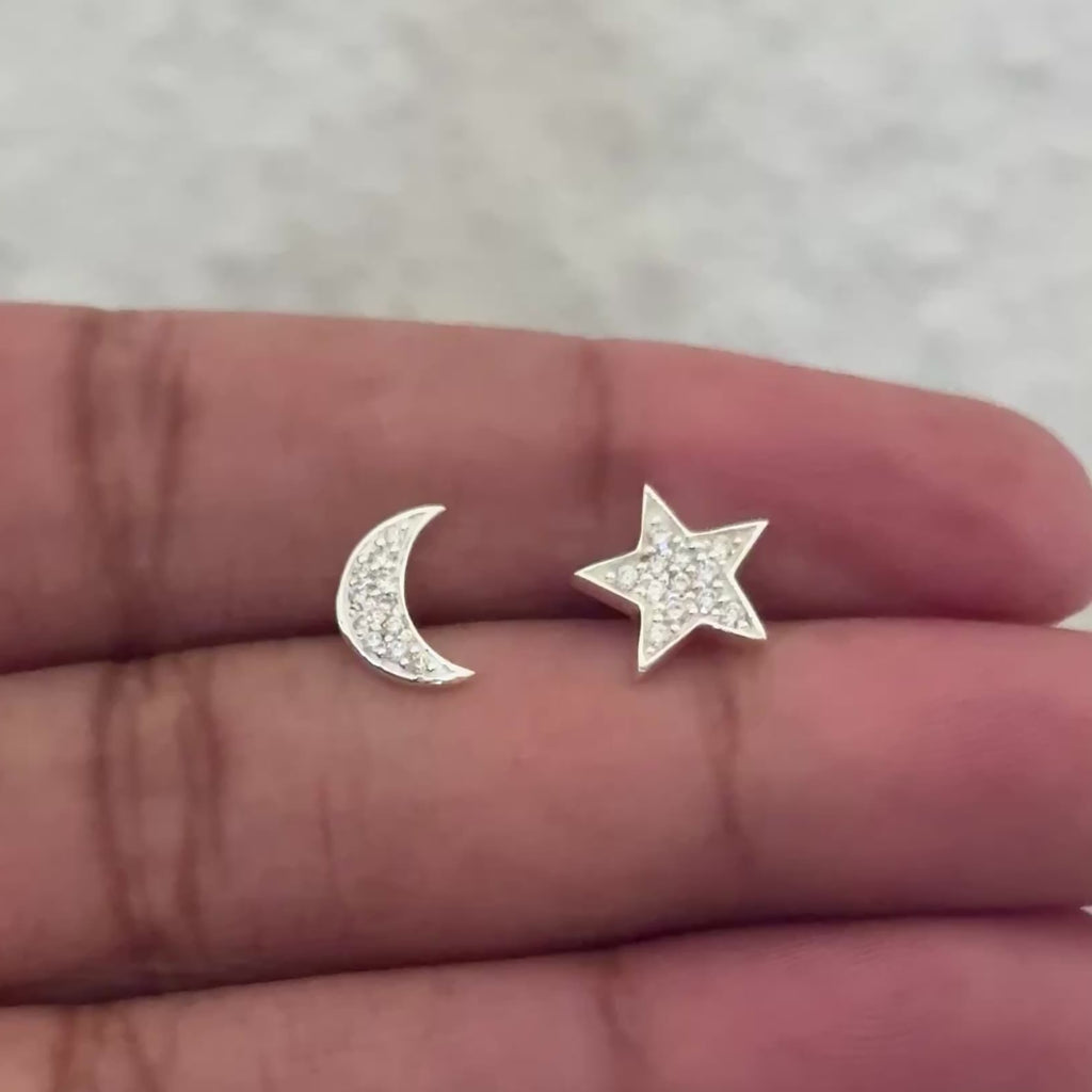 Celestial Charm Sterling Silver Star & Crescent Moon Cubic Zirconia Stud Earrings - ERD072-CZ - Milina London