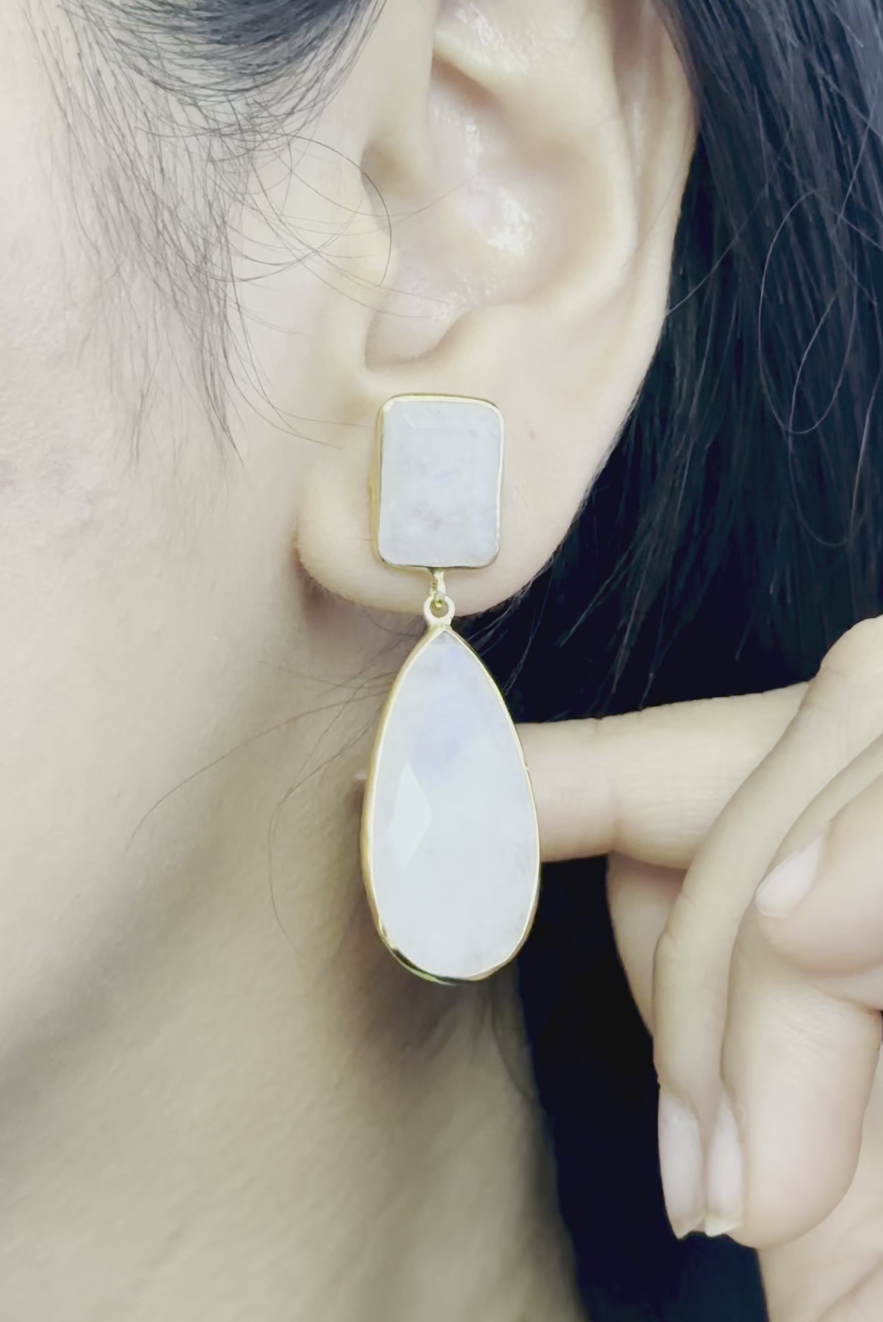 Long Statement Earrings with a Rectangle Stone and Long Pear Shaped Stone Drop - Moonstone