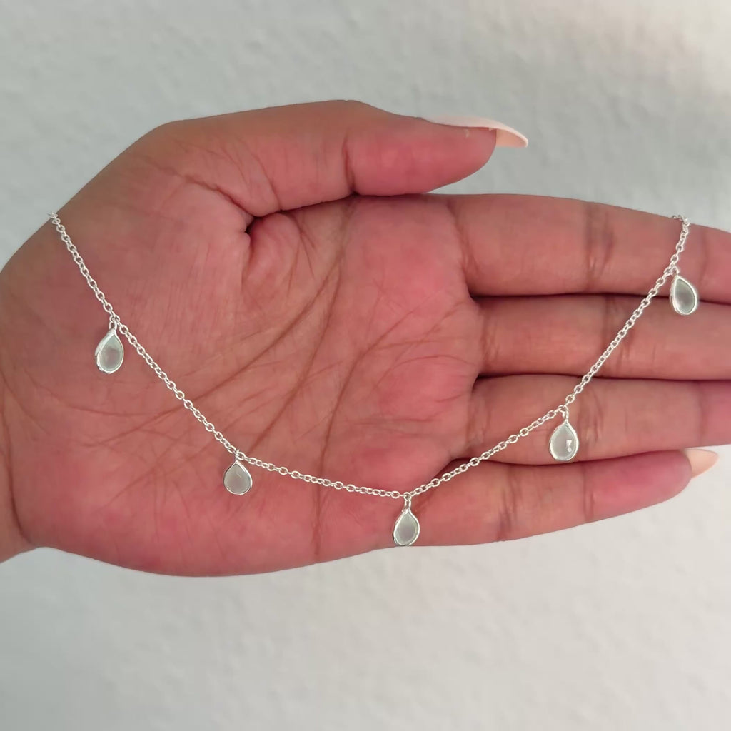 Five Teardrop Shaped Aqua Chalcedony Gemstone Necklace in Sterling Silver Milina London 