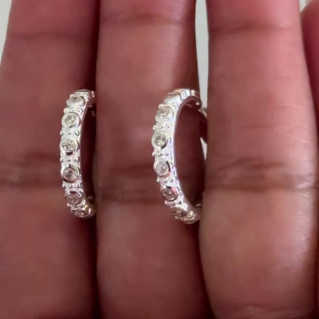 Sterling Silver Cubic Zirconia Studded Medium Hoops - ERD066-CZ - Milina London