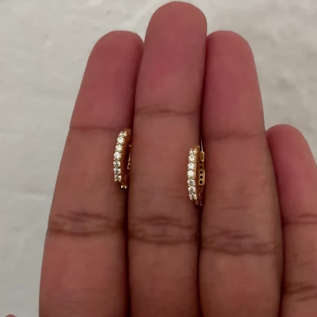 Gold Plated Sterling Silver Hexagon Shaped Huggies with Cubic Zirconia - ERD069-CZ-G - Milina London