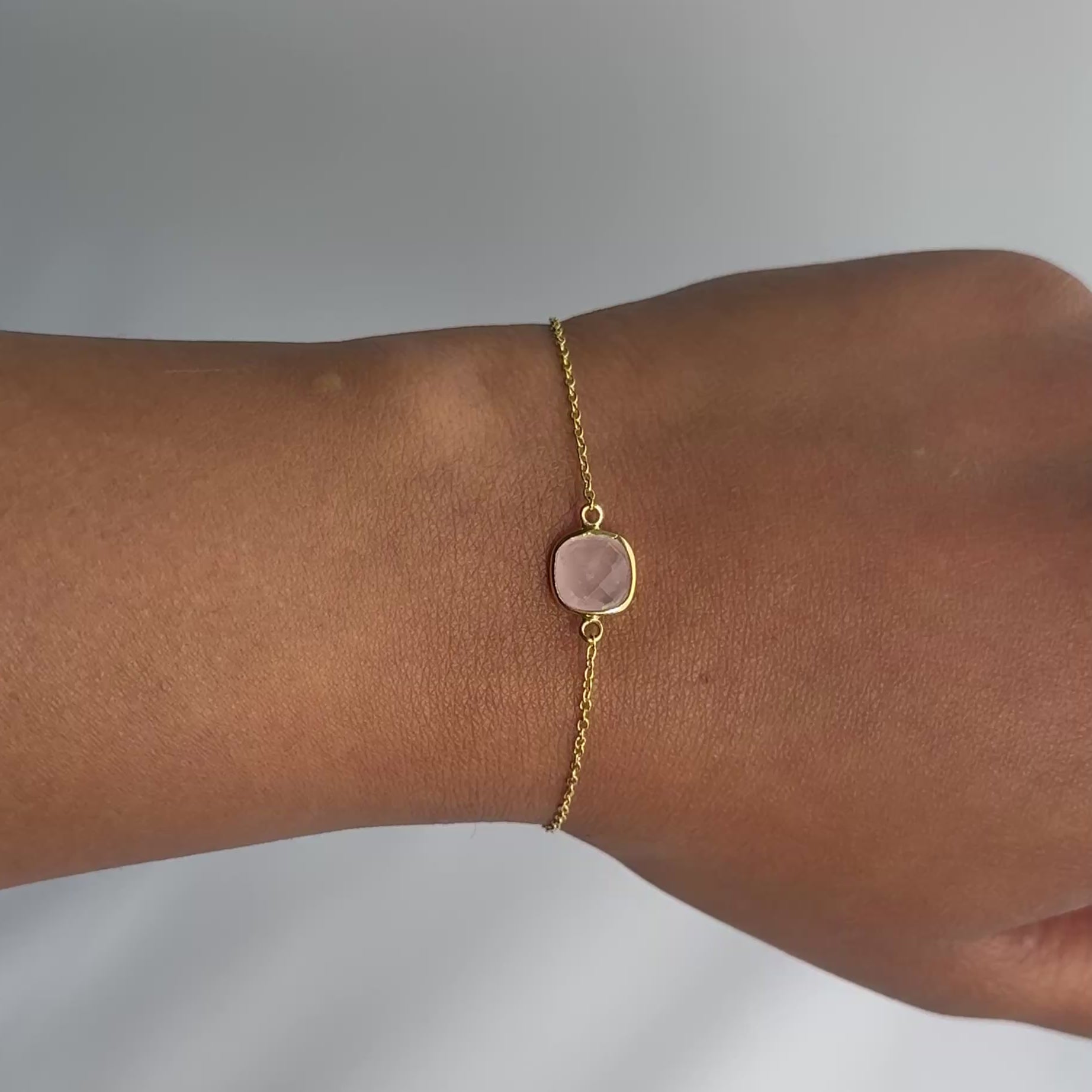 Minimal Adjustable Bracelet in 3 micron 18k Gold Plated Sterling Silver with a Squared Shaped Rose Quartz Gemstone