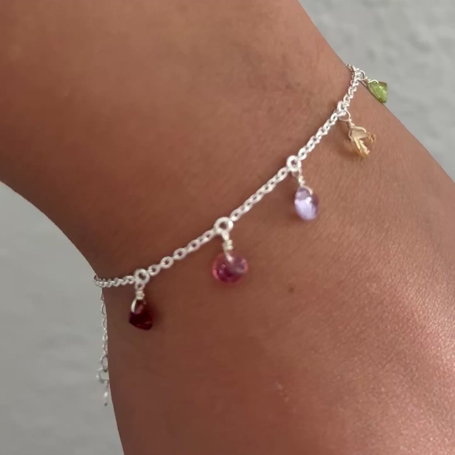 Adjustable Fine Bracelet with Seven Faceted Round Diamond Cut Gemstones in Sterling Silver