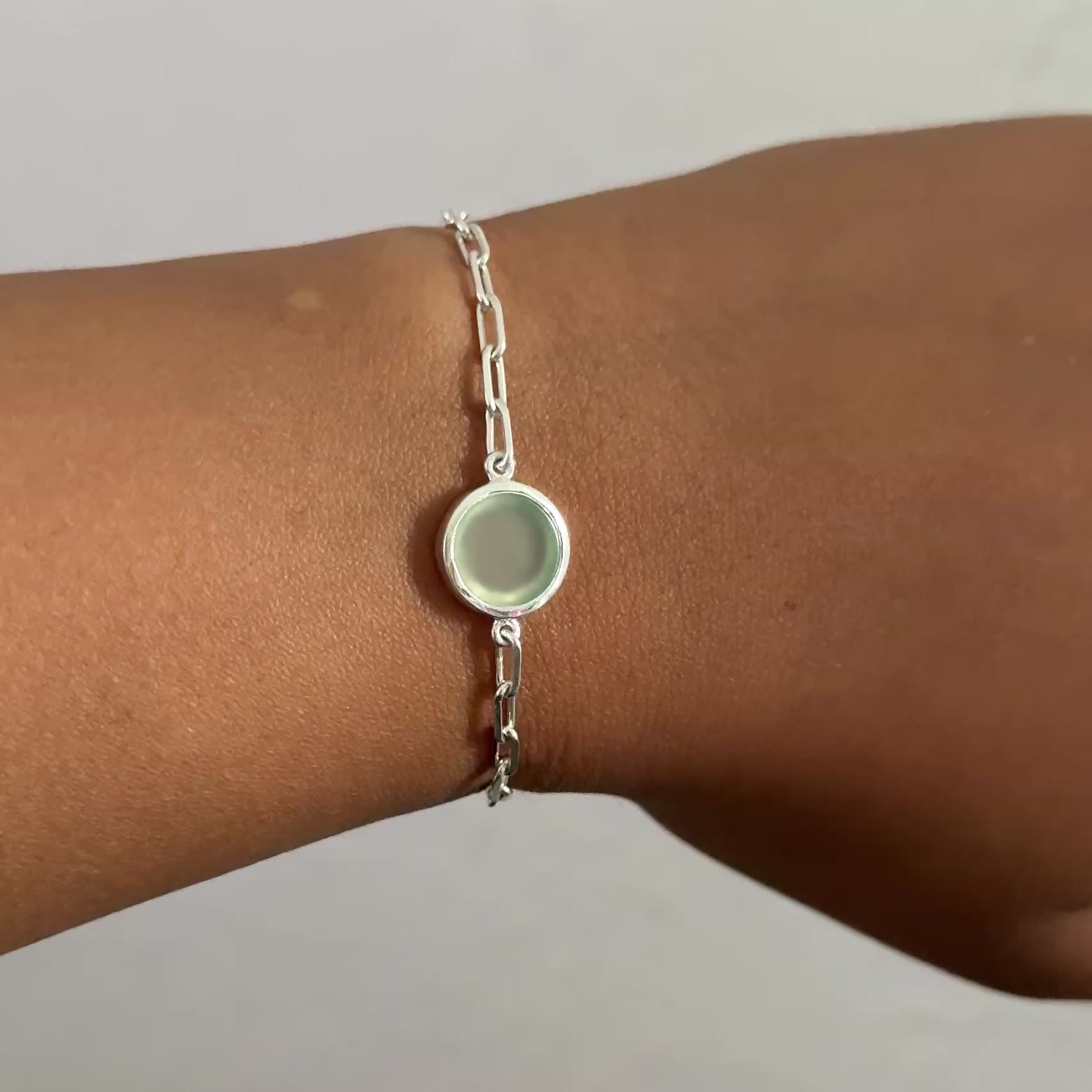 Sterling Silver Paperclip Link Chain Adjustable Bracelet with Round Aqua Chalcedony Gemstone