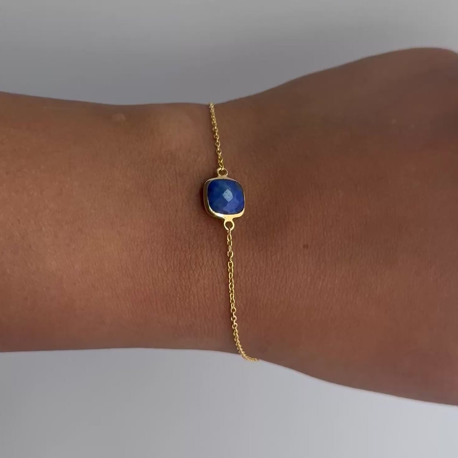 Minimal Adjustable Bracelet in 3 micron 18k Gold Plated Sterling Silver with a Squared Shaped Lapis Lazuli Gemstone
