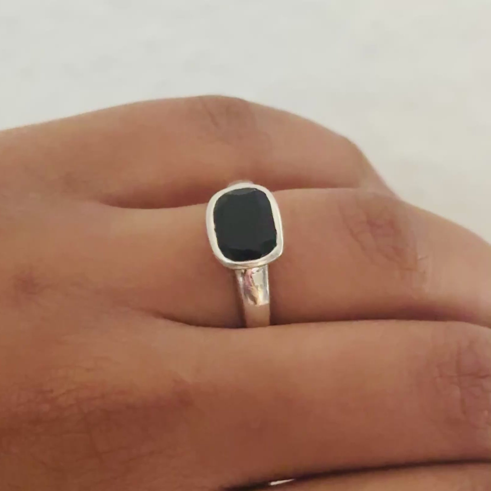 Faceted Rectangular Cut Natural Gemstone Sterling Silver Ring - Black Onyx