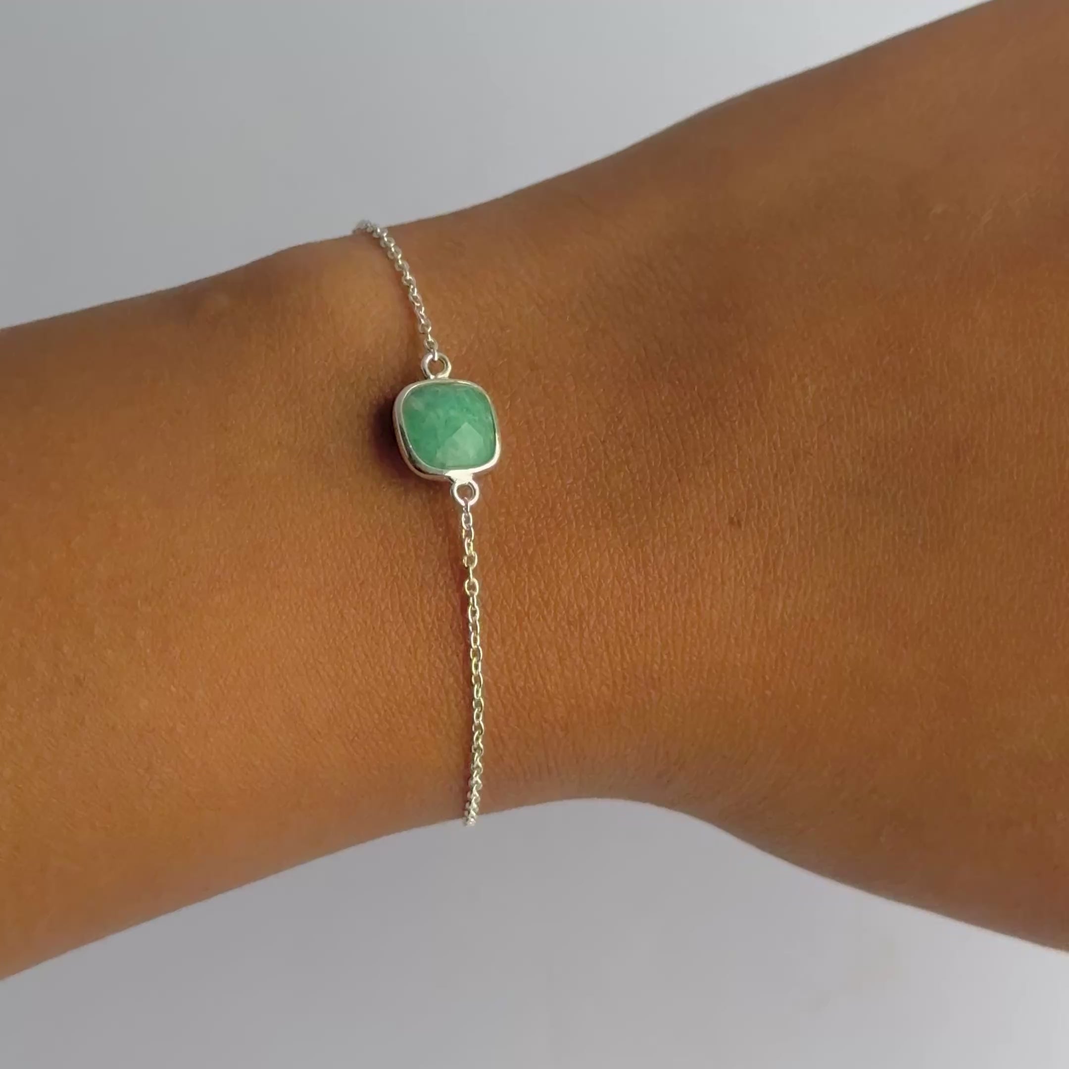 Minimal Adjustable Bracelet in Sterling Silver with a Square-Shaped Amazonite Gemstone