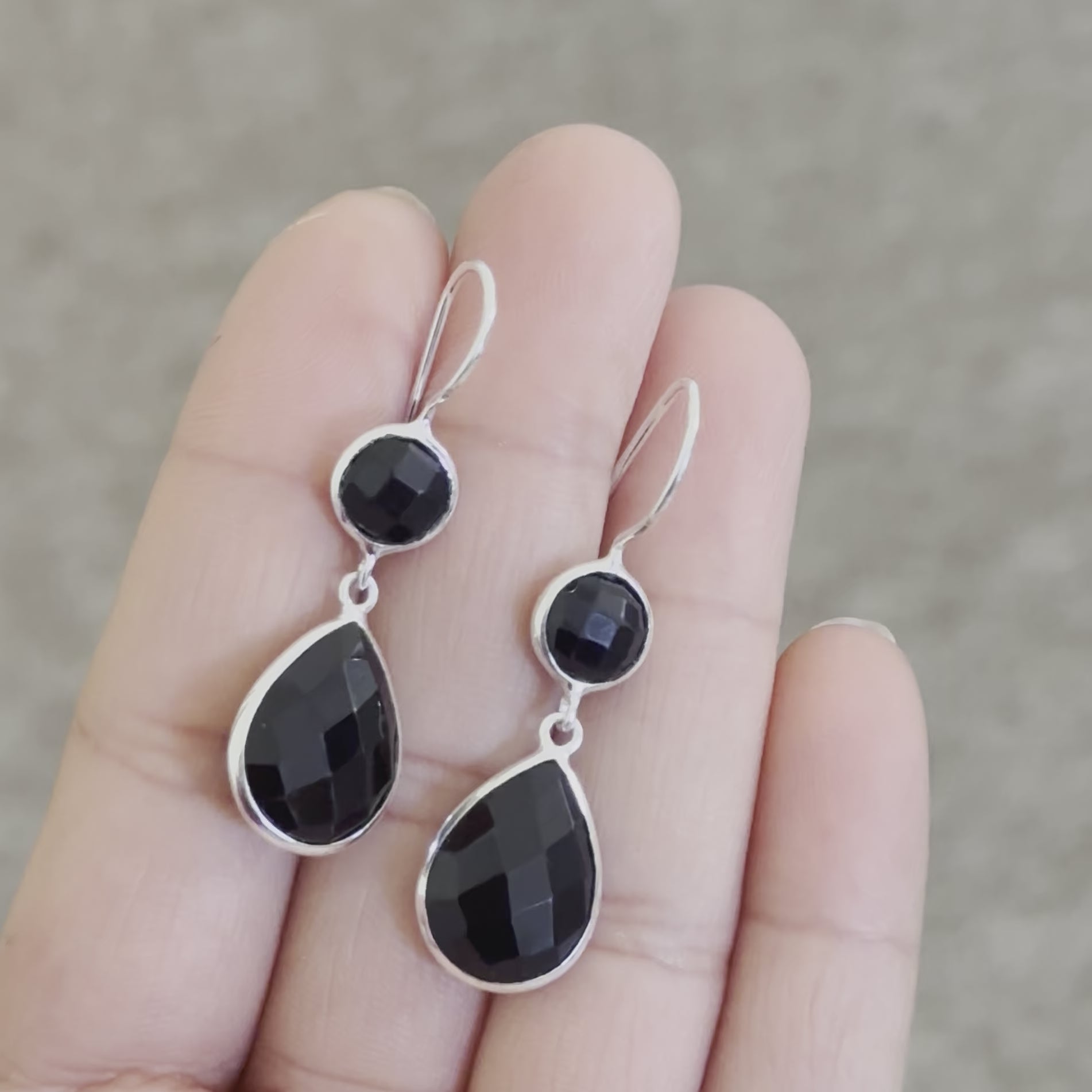 Black Onyx Gemstone Two Stone Earrings in Sterling Silver - Teardrop