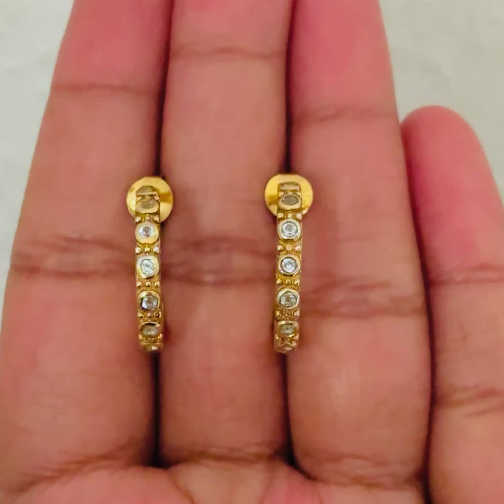 Gold Plated Sterling Silver Blue Topaz Studded Medium Hoops - ERD066-BT-G - Milina London