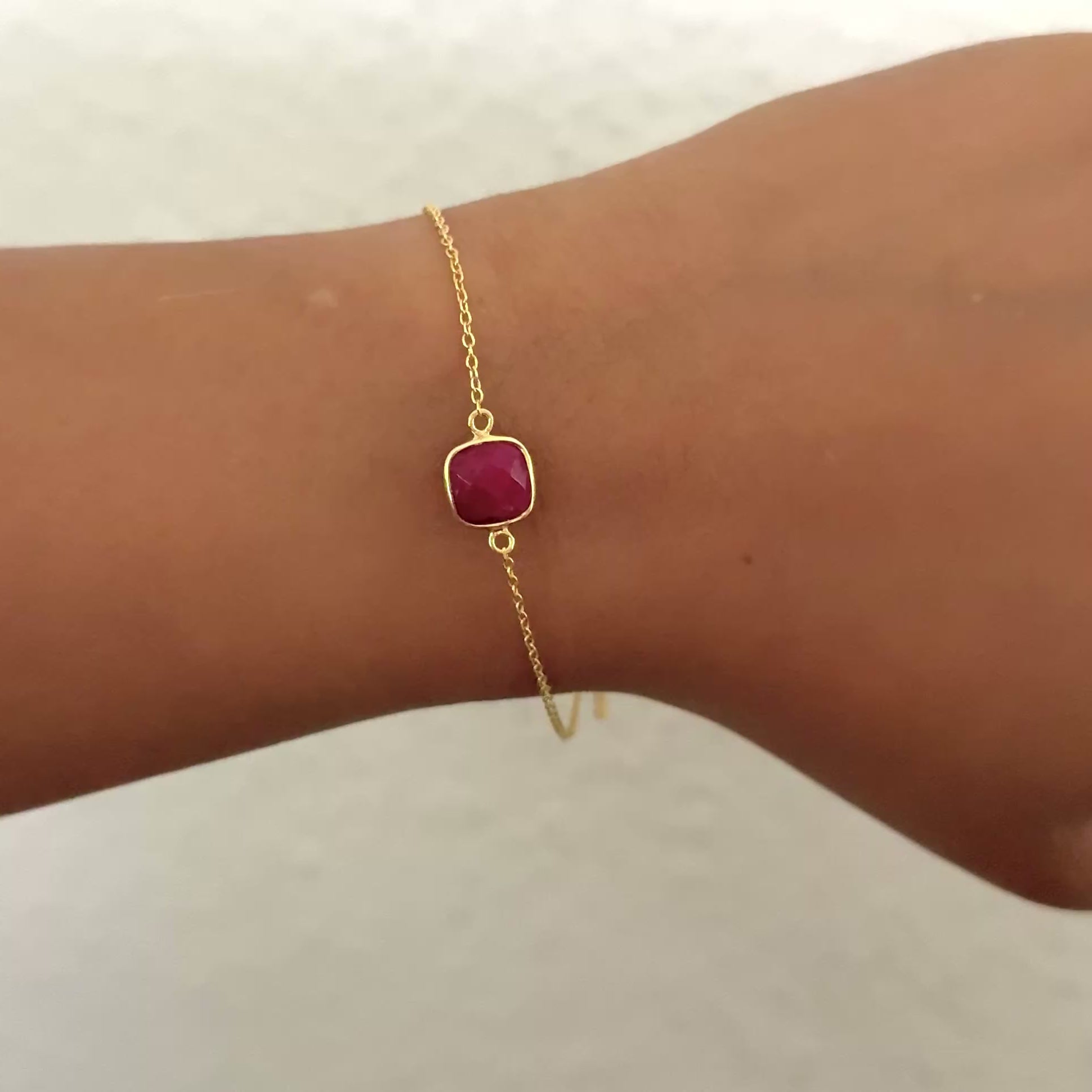 Minimal Adjustable Bracelet in 3 micron 18k Gold Plated Sterling Silver with a Squared Shaped Ruby Quartz Gemstone