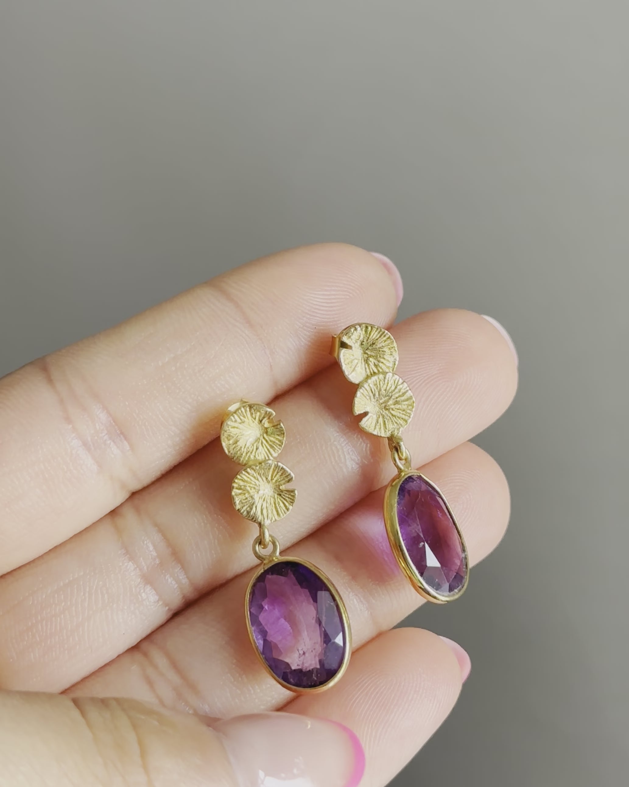 Lily Pad Earrings in Gold Plated Sterling Silver with an Amethyst Gemstone Drop