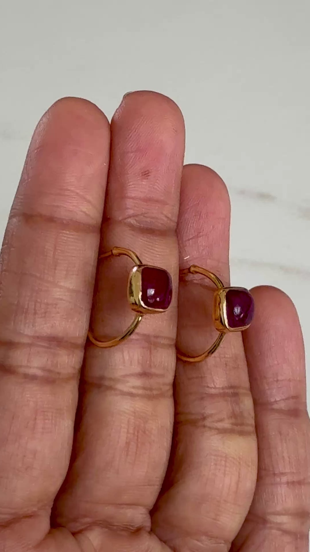 Minimal Gold Plated Sterling Silver Small Hoops with a Square Cabochon Gemstone - Ruby Quartz