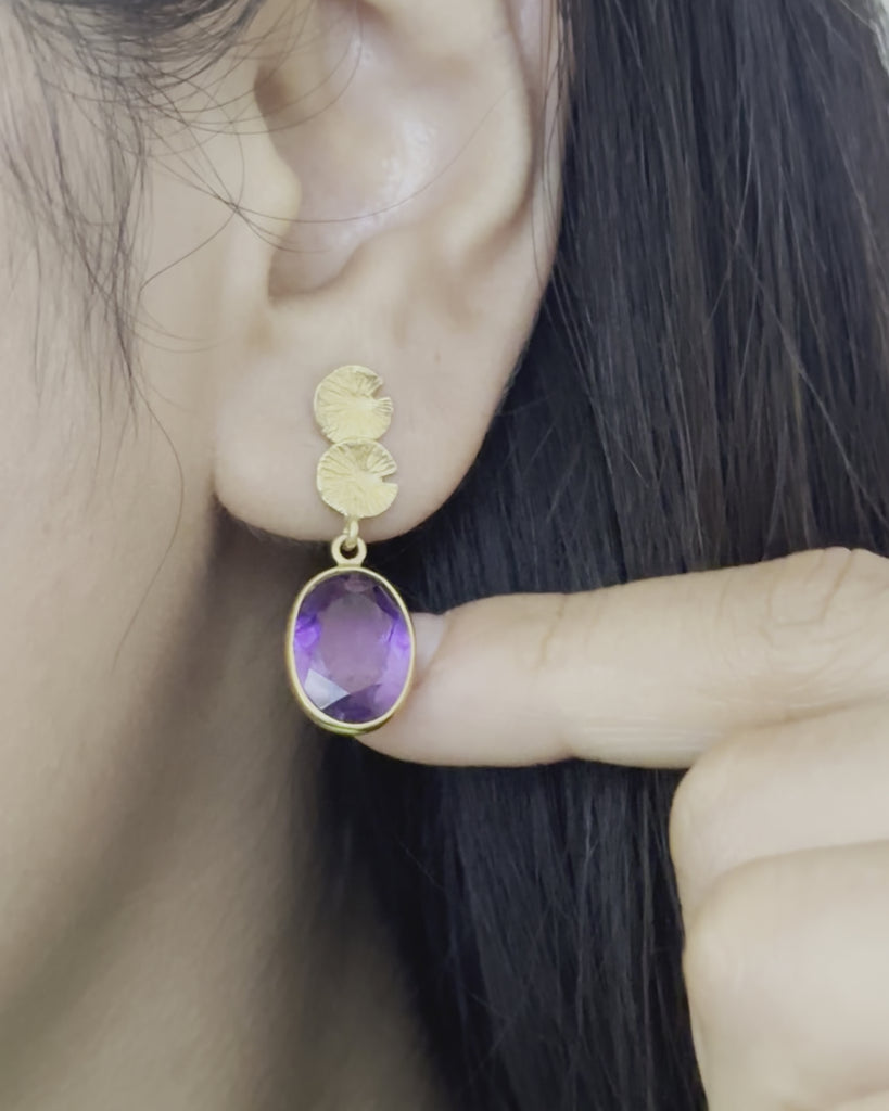 Lily Pad Earrings in Gold Plated Sterling Silver with an Amethyst Gemstone Drop